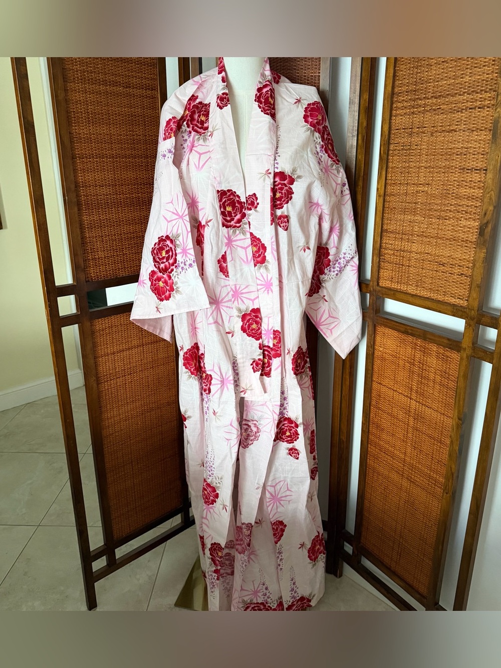 100% cotton Tokyo Floral Pink & Red Kimono Robe 58” OSFM